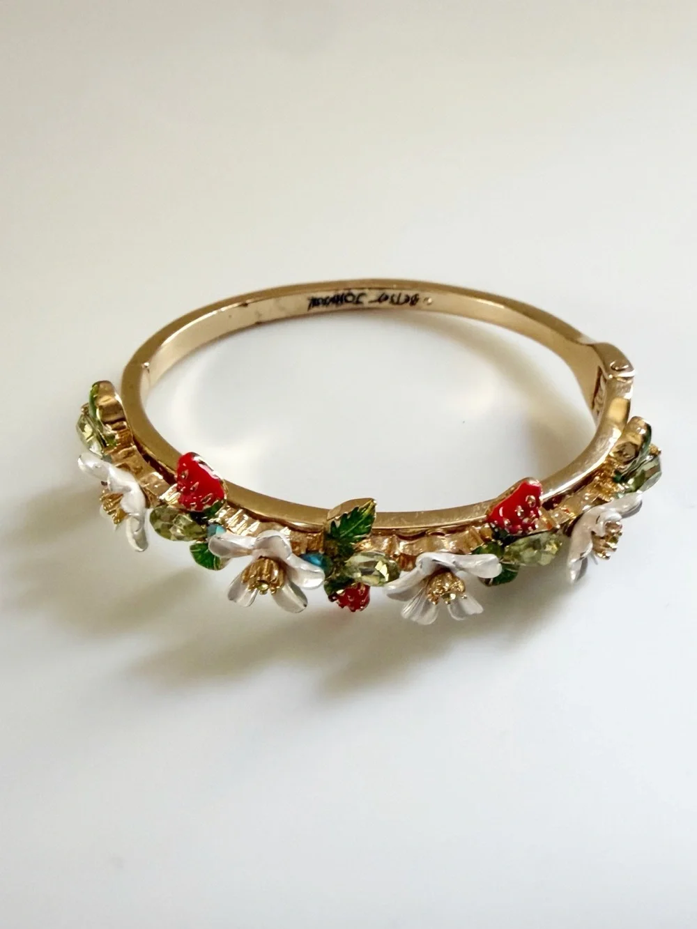 Betsey Johnson Strawberries White Flowers Gold Tone Hinge Bangle Bracelet